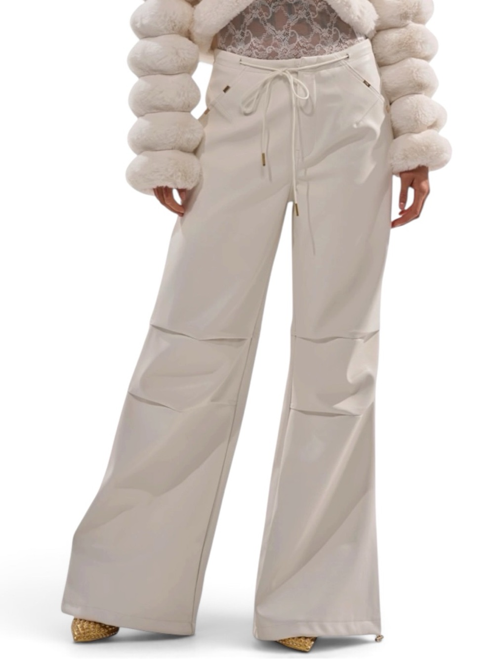 NWT AKIRA FAUX LEATHER TROUSER IN WHITE Wide-Leg Drawstring Pants Size S